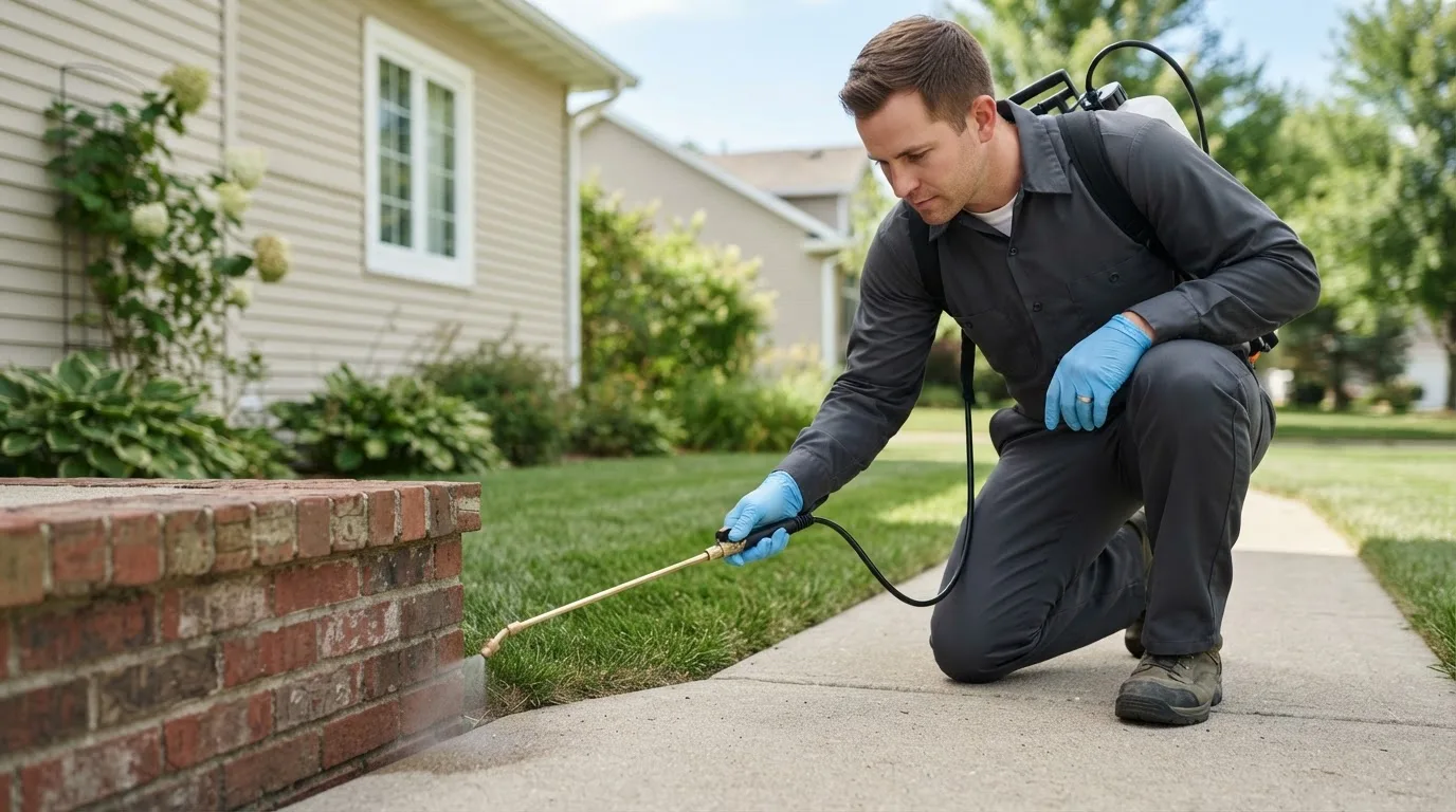 Pest control technician treating a home near Westland, MI